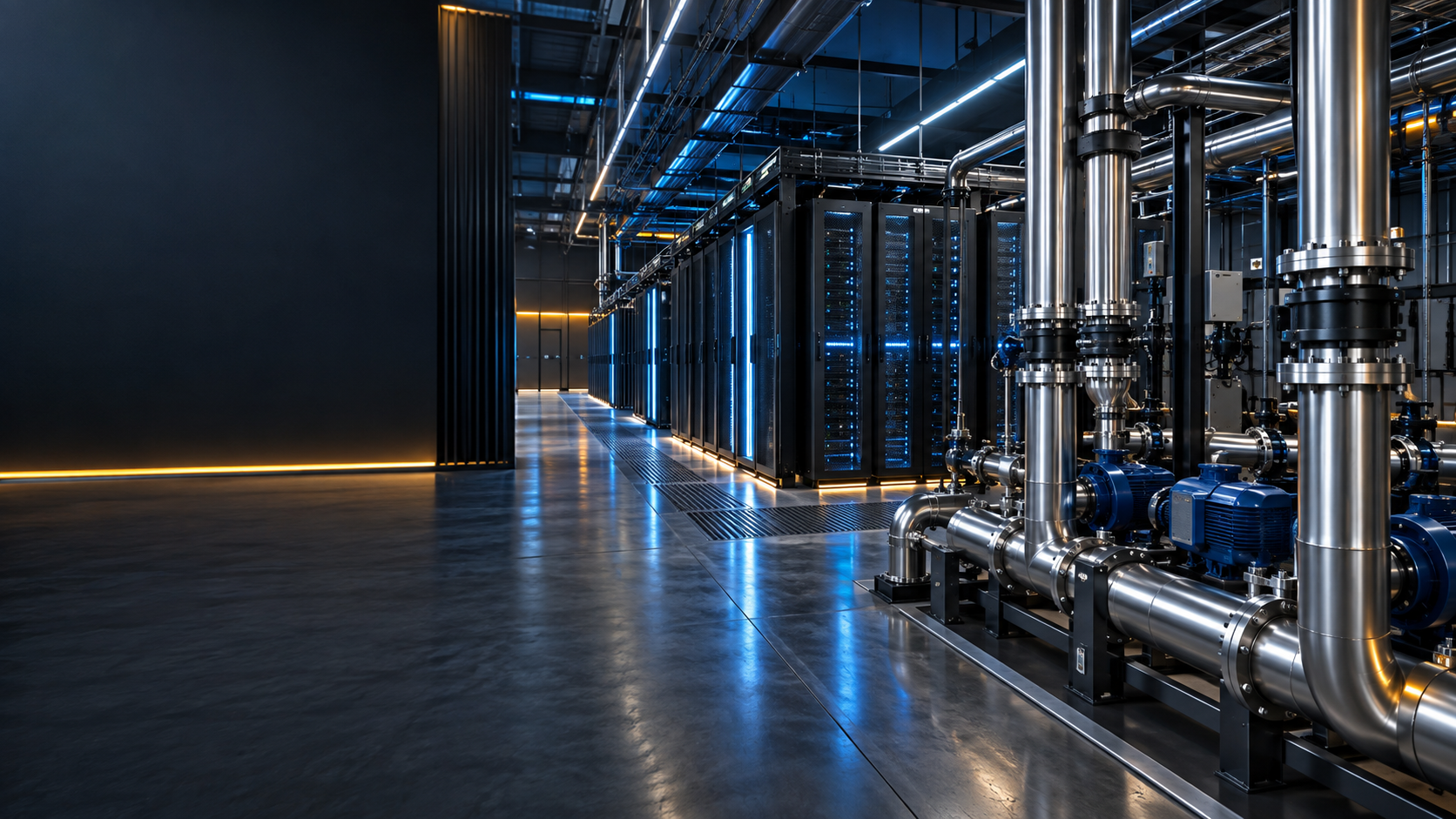 Data center server room with integrated cooling and pumping infrastructure